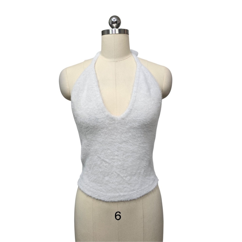 Gymshark White Fuzzy Halter Neck Top Sweater‎ Ribbed Knit Women's Size Medium